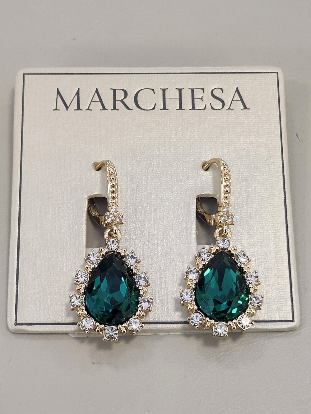 NWT Marchesa Gold-Tone Green Glass Stone Drop Earrings